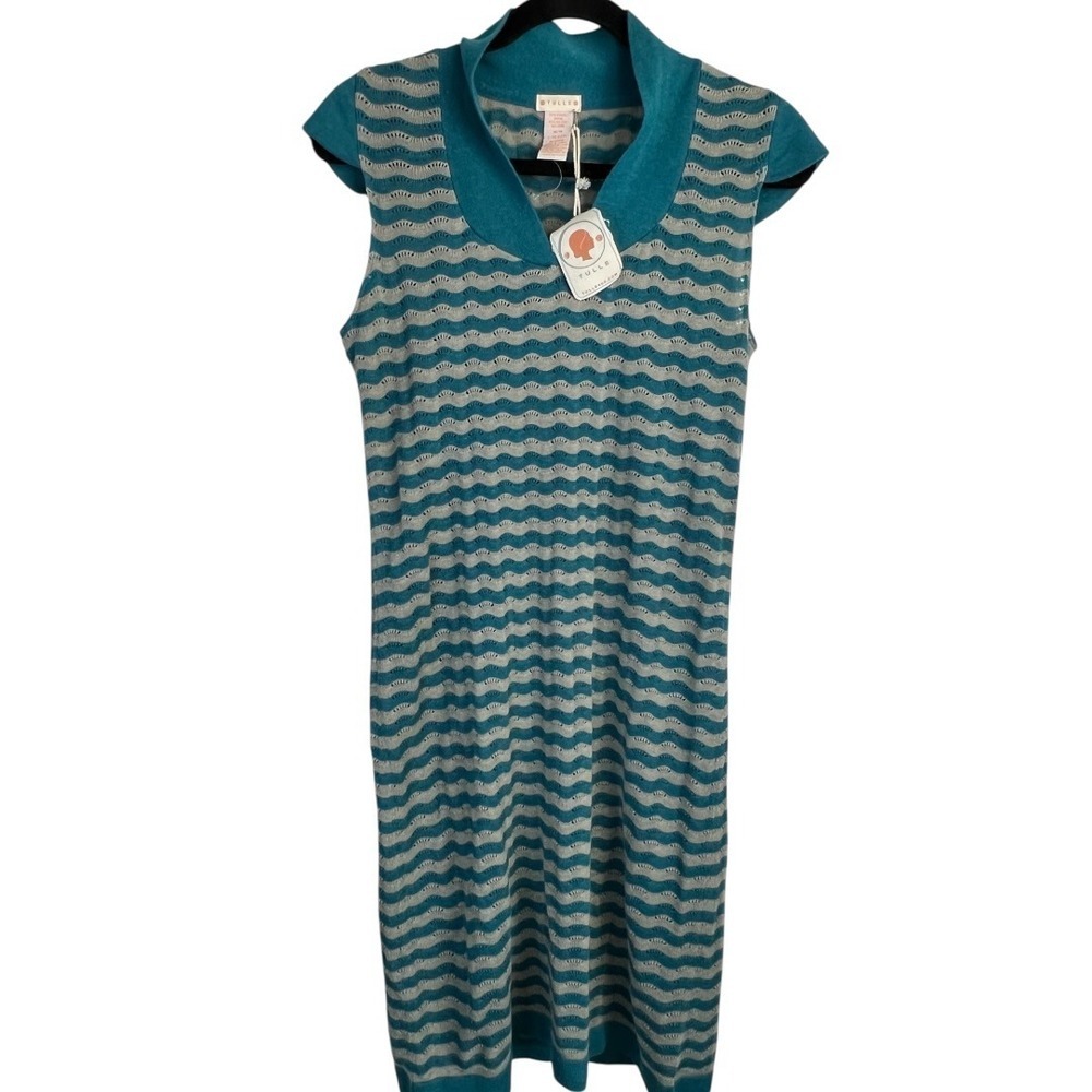 NEW Tulle Women's Teal/Grey Wavy Pointelle Knit Sleeveless Dress w Slip - Size M